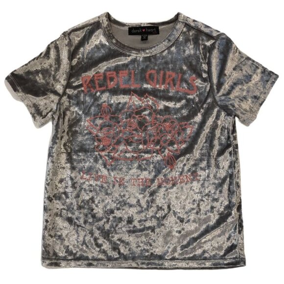 Derek Heart Crushed Velvet Short Sleeve Gray 10 12 Medium Flower Rebel - Picture 1 of 4